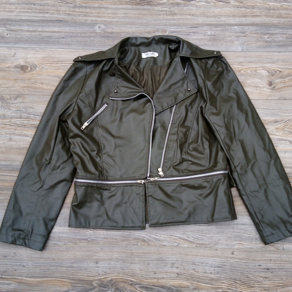 Olive Military Green Faux Leather Zip Up Fold Over Versatile Jacket Coat